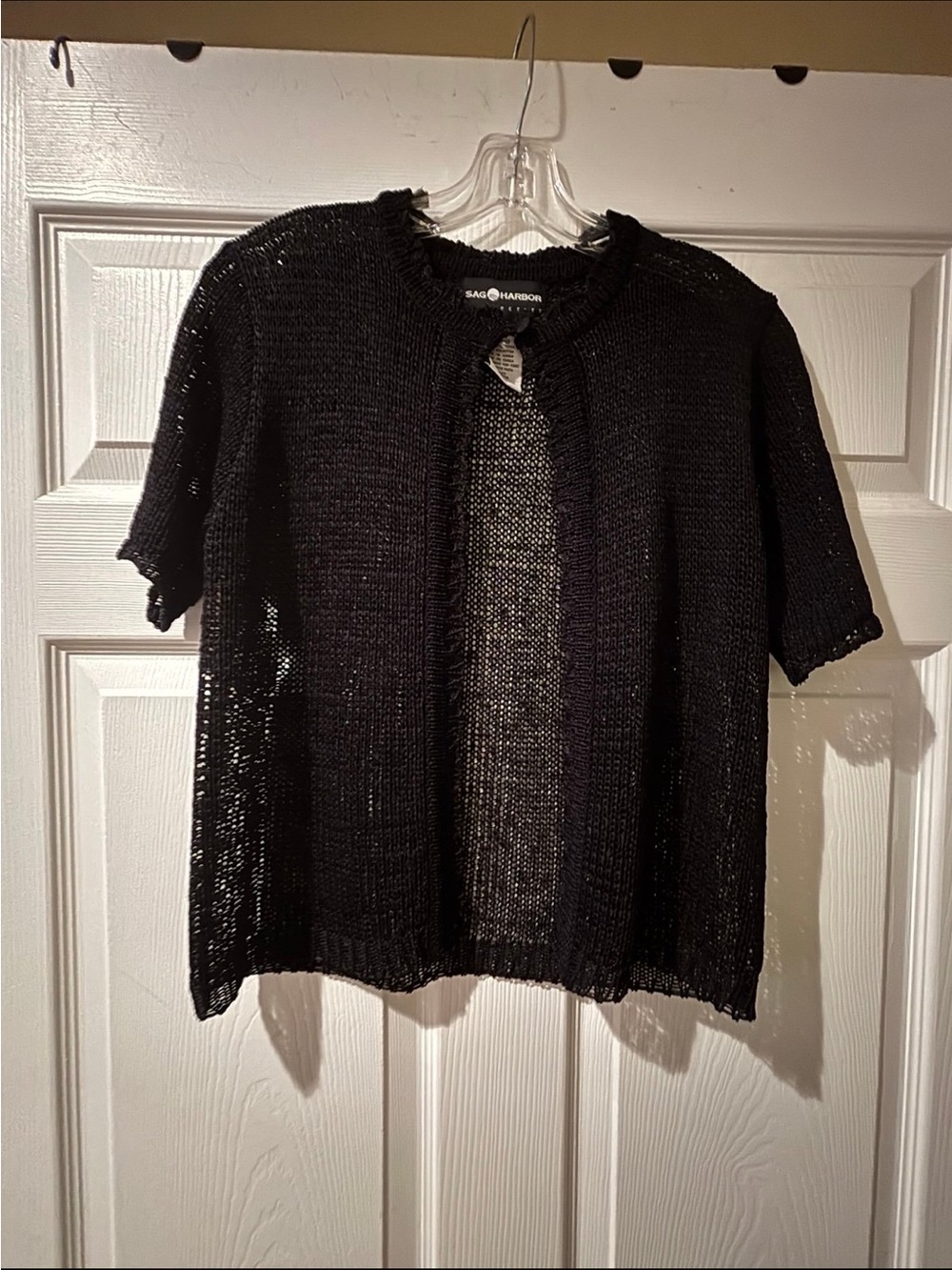 Sag Harbor Petite PS Black Open Knit Short Sleeve Cardigan Shrug Lightweight